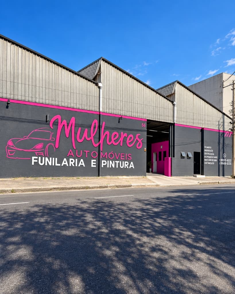 Fachada oficial da oficina Mulheres Automóveis em Jundiaí